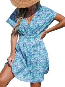- Vestido corto de playa con cuello en V a rayas y cintura elástica para mujer - verde salvia - Ver 21