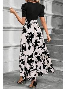 Vestidos Casuales para Mujer Verano Largo Mangas Abullonadas con Cordón Estampados Únicos para Cita Vacaciones - Marrón - Ver 2
