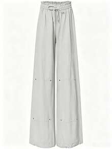 Conjunto de 2 piezas de mujer con top de cuello redondo minimalista de unicolor de manga corta y pantalones rectos de cintura alta, elegante para primavera/verano - Gris Claro - Ver 2