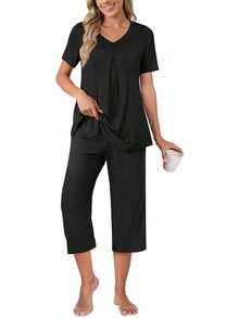 Anyally - Conjunto de pijama de verano para mujer, camisa de manga corta y pantalones capri de 2 piezas, pijama plisado con bolsillos - Malva plisada - Ver 10