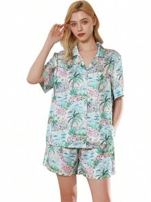YiNi LuLu - Conjunto de pijama de satén de seda para mujer, 2 piezas, pijama de manga corta, de gran tamaño, con bolsillos - Vida pastoral - Ver 33