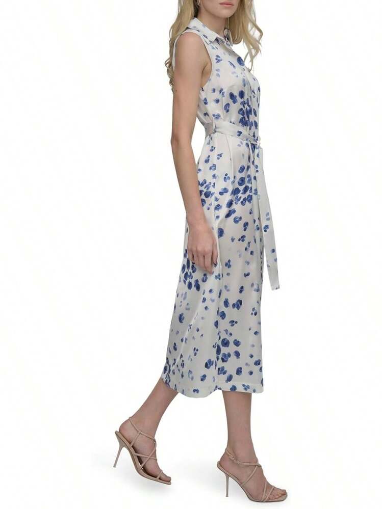 Vestido Midi Sin Mangas con Cuello y Botones Frontales DKNY VestidoMujer - Crema/Iris - Añade 3