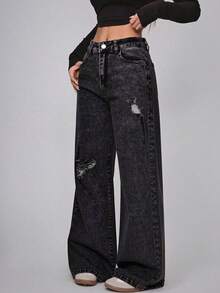 Straight Leg Jeans In Washed Blue Denim With Rips - Noir - Voir 4