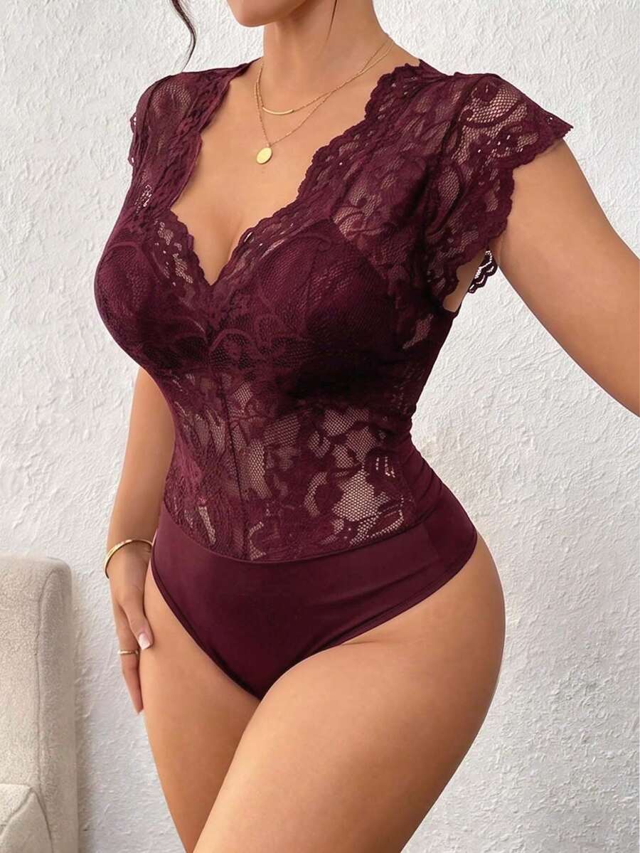 Lace Deep V-Neck Short Sleeve Sheer Bodysuit, Made Of Slightly Stretchy Fabric, Sexy Women's Lace Bodysuit For Spring And Summer - Burgundy - View 1