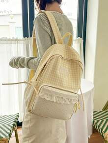 Gingham Spliced Mini Polka Dot Backpack With Lace Ruffle Trim And Side Bow, Lightweight College Student Backpack For Daily Commute & Back-To-School - Multicolor - View 9