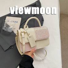 Fashionable Minimalist Premium Sequin Retro Colorblock Women's Handbag With Pendant - Beige - View 9