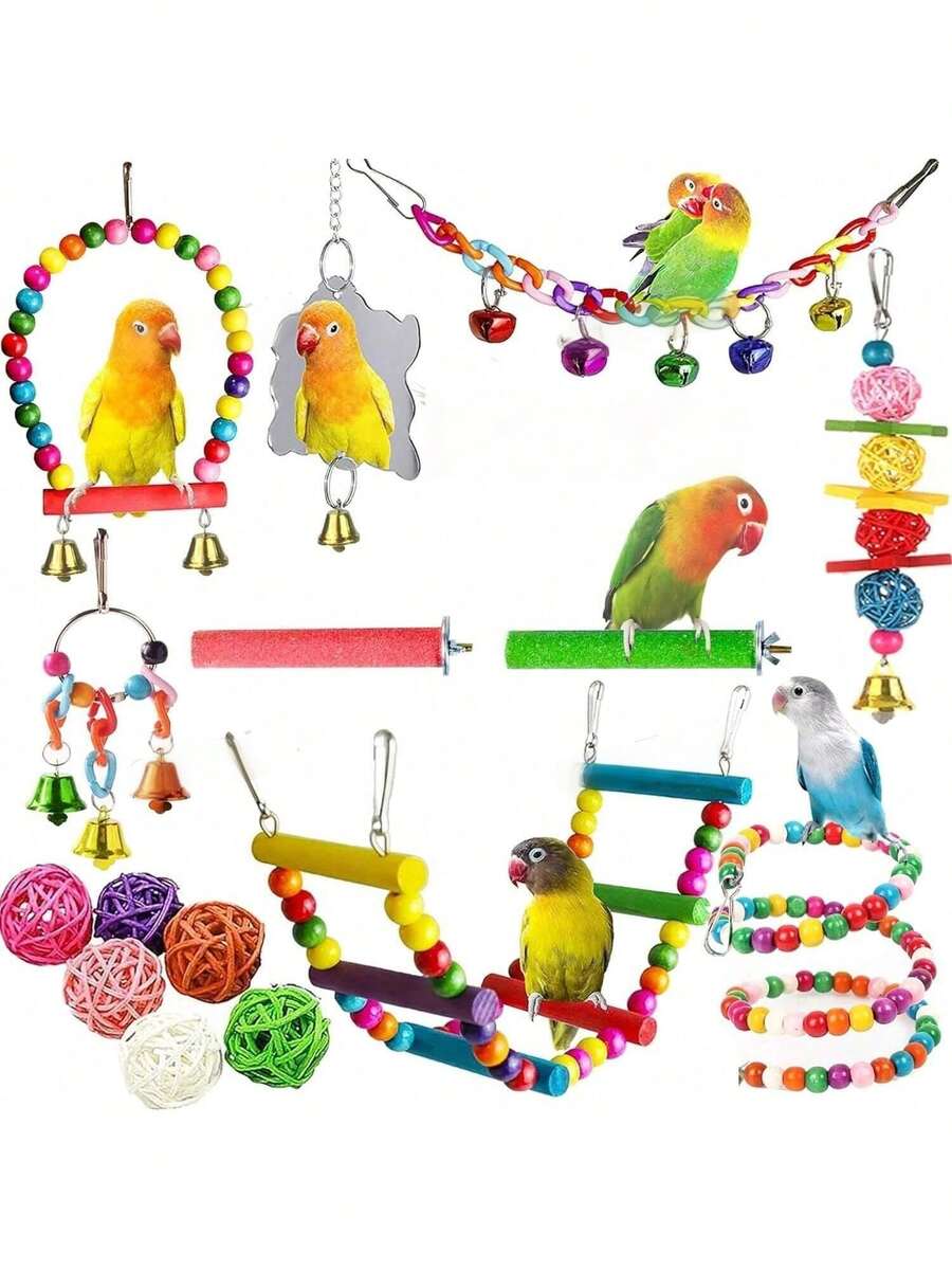 15pcs Random Color Bird Toy Set With Chewing Rattan Balls, Wooden Blocks, Perch Stand, Climbing Ladder, Parrot Toys Pet Supplies - 1pc Training Hoop - View 1
