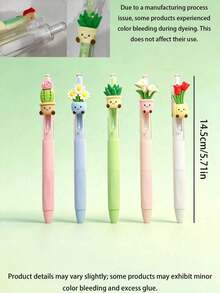 5pcs Creative Plant Shaped Neutral Pens, Random Cute Potted Plant Design Neutral Pens, 0.5mm Quick-Dry Black Ink Ballpoint Pens, First Day Of School - Multicolor - View 9