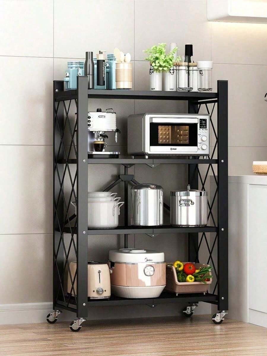 4-Tier Foldable Carbon Steel Storage Rack With Lockable Wheels, No Assembly Heavy Duty Rolling Organizer Shelf, Multi-Use Utility Cart For Kitchen Cookware, Bathroom Sundries, Ideal For Apartments, Dorms & Home Storage - View 1