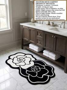 1pc Floral Pattern Bathroom Mat, Non-Slip Bathroom Mat, Toilet Mat, Quick Absorption, Quick Drying, Non-Slip Water-Absorbent Fast-Drying, Floral Design Pattern, Black And White Camellia Bathroom Mat, Soft Water-Absorbent Non-Slip Mat, Durable, Easy To Clean Camellia Pattern Floor Mat - Multicolor - View 3