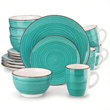 Set Of 16 Handcrafted Stoneware Plates For Dining, Serves Four - Blue - View 9