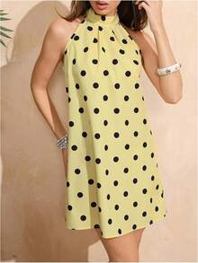 - Vestido corto sin mangas con estampado floral para mujer, cuello halter, línea A - Negro - - Ver 4