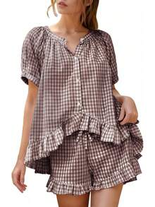 Flygo - Conjunto de pijama de cuadros para mujer, 2 piezas, de algodón, manga abombada, con volantes, conjunto de pijama de verano - Verde - Ver 8
