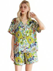 YiNi LuLu - Conjunto de pijama de satén de seda para mujer, 2 piezas, pijama de manga corta, de gran tamaño, con bolsillos - Conjunto corto de leopardo - Ver 18