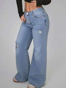 Straight Leg Jeans In Washed Blue Denim With Rips - tozlu mavi - Görünüm 4