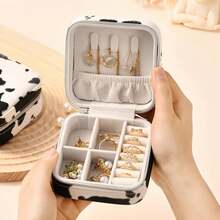 2pcs/4pcs Denim Pattern Mini Travel Jewelry Box, Portable Zipper Jewelry Organizer, Suitable For Earrings, Rings, Necklaces, Women's Small PU Leather Storage Box - Black and White - View 2