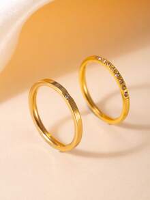 2pcs Fashionable Luxury Stainless Steel 18K Gold Plated Single Diamond And Single Row Rhinestone Thin Band Ring Set, Suitable For Women's Daily Wear Or Party - Ring Set - View 5
