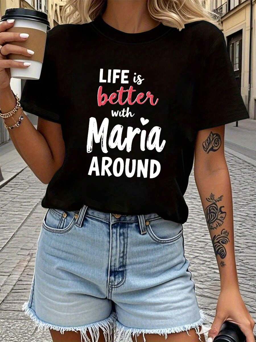 ropa de mujer Con María a tu lado, la vida es mejor. Camiseta de manga corta para mujer, con estampado de texto, cuello redondo, para primavera-verano. camisas de mujer - Negro - Ver 1
