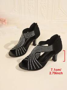 Women's Open Toe Hollow Back Zipper Diamond Decor Non-Slip Sole Sandals Fashion Style Summer Suede Strap High Heel Sandals Suitable For Holidays Daily Commute Evening Party - Black - View 8