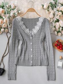Women's Grey Cable Knit Cardigan, V-Neck Single-Breasted Short Slim Fit Long Sleeve Top, Fluffy Sweater, Korean Style, Ins Style Fall - Grey - View 7