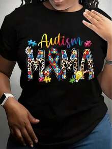 Camiseta de talla grande para mujer con estampado de una madre autista - cuello redondo casual, mangas cortas, tejido de poliéster ligeramente elástico, estampado floral brillante, adecuada - Negro - Ver 1