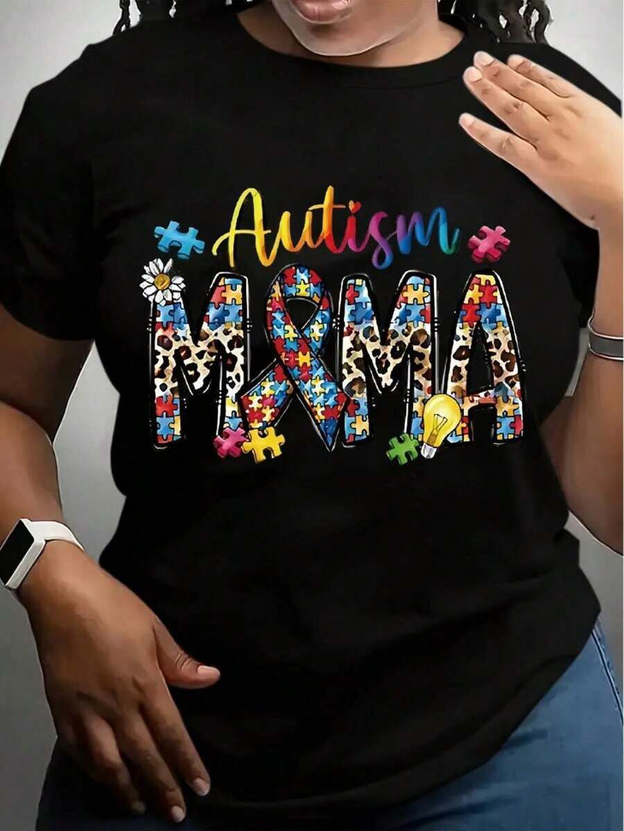Camiseta de talla grande para mujer con estampado de una madre autista - cuello redondo casual, mangas cortas, tejido de poliéster ligeramente elástico, estampado floral brillante, adecuada - Negro - Ver 1