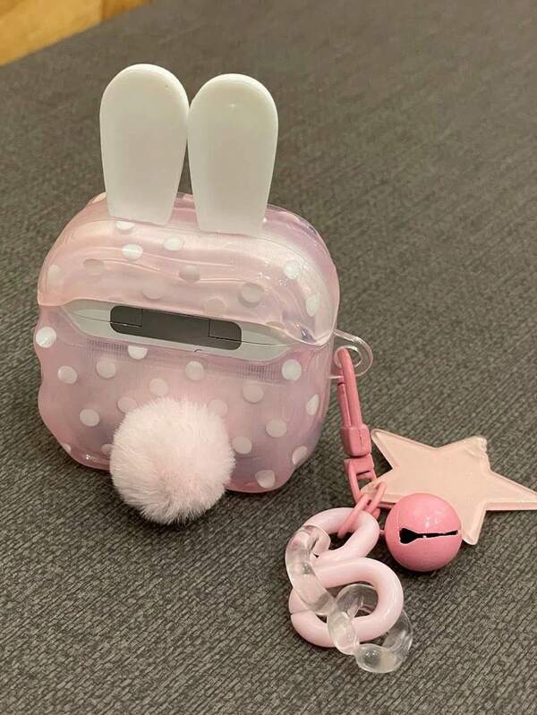 Cute Pink Polka Dot Rabbit Headphones Case Compatible With AirPods 1 2 3 Pro 2 Pro 3 With Star Pendant Protective Shell Soft Compatible With AirPods 4