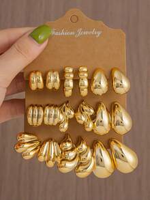9 Pairs CCB Gold Geometric Earring Set, Hypoallergenic Water Drop Shell Style, Suitable For Daily And Party Outfits - Gold - View 1
