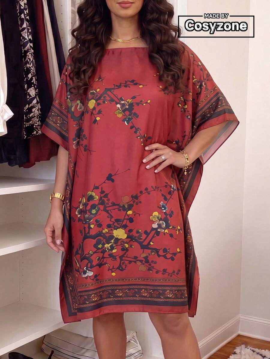 1PC Faux Silk Elegant Floral Print Pullover Shawl Women's Lightweight Fashion Versatile Sun Protection Cover-Up Beach Satin Loose Dress Suitable For Daily Decorative Matching - Red - View 1
