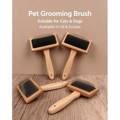 Wooden Slicker Brush For Dogs And Cats, Professional Pet Grooming Comb With Air Cushion Anti-Static Gentle Detangling And Deshedding Tool, Removes Loose Fur, Tangles And Knots, Ergonomic Wooden Handle, Suitable For Long, Short And Curly Hair, Fits All Pet Breeds