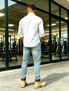 Men's Stretch Washed Denim Tight Pants Embroidered With Holes Suitable For Commuting, Street Photography, And Gatherings - Medium Wash - View 3