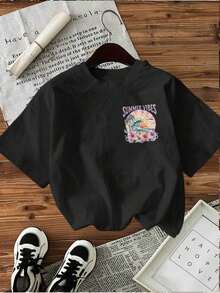 Camiseta de verano estampada de manga corta para mujer, top para mujer, tejido de algodón puro, corte regular.blusas para mujer playeras de mujer blusas casuales para dama conjuntos de mujer - Negro - Ver 2