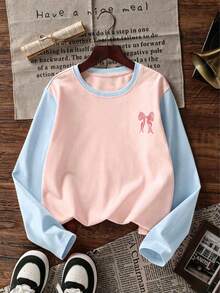Tween Girl 1pc Printed Patchwork Contrast Color Long Sleeve T-Shirt, Suitable For Girls' Autumn/Winter Tops, Young Students Children's Clothing, Suitable For Outerwear And Layering - Pink - View 5