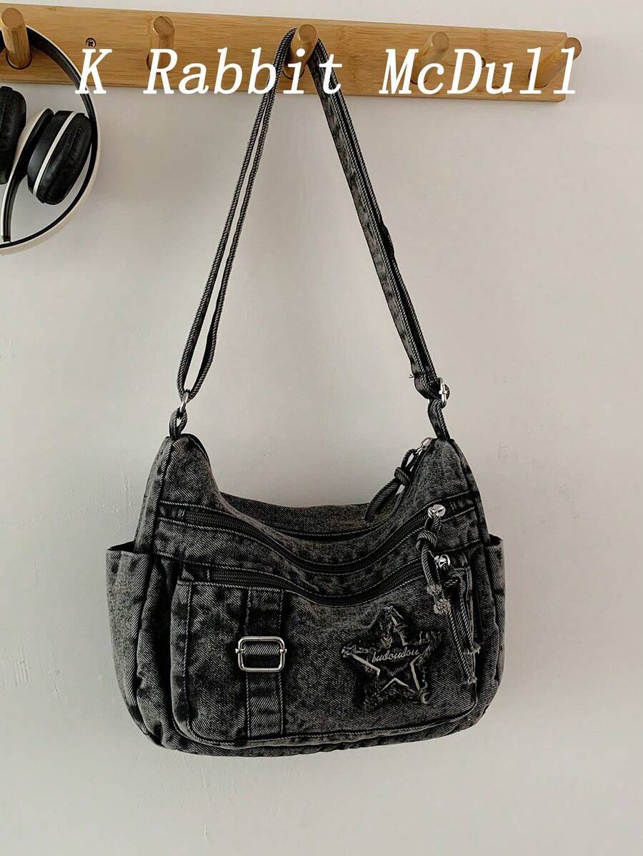 New Chic Casual Shoulder Bag Made Of Soft, Multi-Layered Denim With Multiple Pockets, Versatile, Suitable For Work, Shopping And Travel. - Brown - View 1