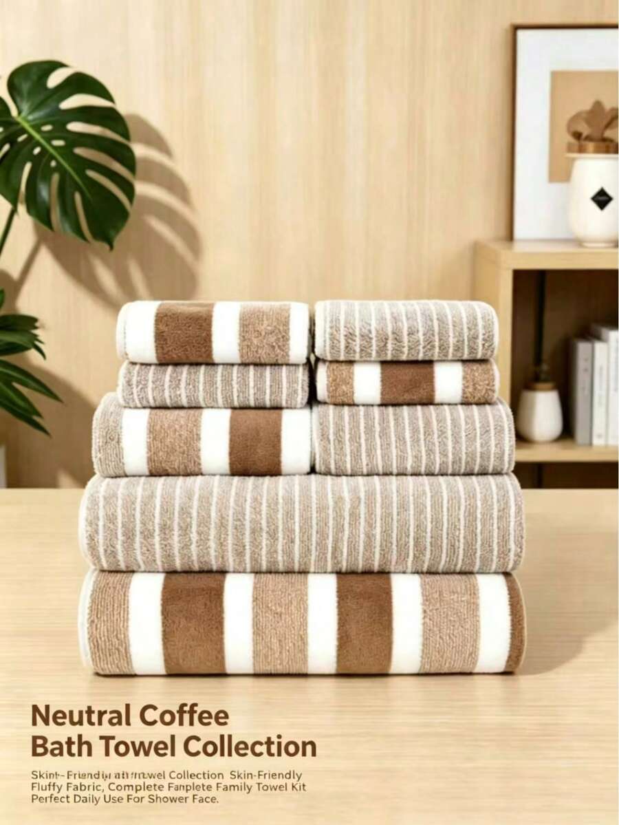 8pcs Striped Soft Absorbent Quick-Dry Bathroom Towel Set, Towel Set - Multicolor - View 1