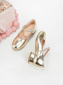 Girls 30-37 Size Rhinestone Strap Slip-On Chunky Heel Pumps, Commuter Fashion Elegant Versatile Party Banquet Style Solid Color Princess Shoes - Gold - View 5