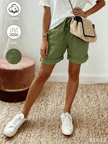 Pantalones cortos de verano de mujer de lino casual con cordón y dobladillo enrollado, con tela de textura de lino, diseño de cintura elástica con cordón y detalles de dobladillo e - verde claro - Ver 4