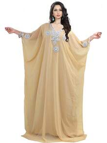 KoC - Vestido largo para mujer, estilo kaftán Farasha, Caftán, tipo kimono - Beis - Ver 6
