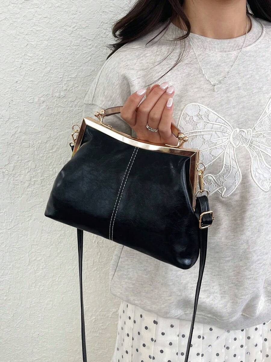 Women's PU Leather Crossbody Bag With Round Polka Dots, Vintage Style Handbag With Buckle Closure And Adjustable Shoulder Strap, Solid Color And Lightweight City Tote Bag - 黑與白 - 查看 1