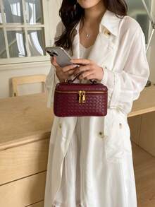 Woven Texture Fashion Box Bag 2026 Spring/Summer New Shoulder Handbag Crossbody Lunch Box Bag, PU Material - Burgundy - View 4