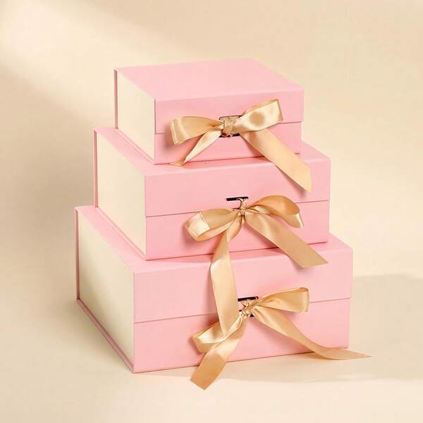 1PC Integrated Folding Square Flip-Top Bow Gift Box, Mixed Color Design, Wedding Party Ribbon Gift Box, Packaging Box, Wedding Souvenir Gift Box, Flip-Top Ribbon Gift Box, Thanksgiving, Christmas Gift Box, Suitable For Birthday Party, Holiday Party Gift Box, Wedding Gift Storage Box
