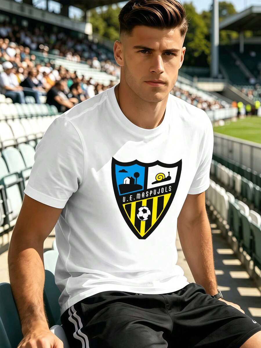 Camiseta de fútbol para hombre con logo gráfico, estilo casual de oto?o, 100% algodón, cuello redondo, corte holgado, cómoda, estilo hip-hop urbano. - Blanco - Ver 1
