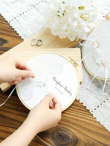 Takeoak 1pc Customized Lace Wedding Ring Pillow, Personalized Ring Holder With Name And Date Engraving, Pearl Bowknot, Rustic Elegant Round Ring Cushion, Multi-Layer Ring Display, Romantic Bridal Ceremony Decor, Engagement Anniversary Gift, Wedding Accessory - Multicolor - View 3