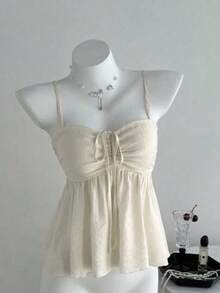 Camiseta de tirantes con volantes de unicolor lindo para damas, ropa de verano para la universidad - Albaricoque - Ver 1