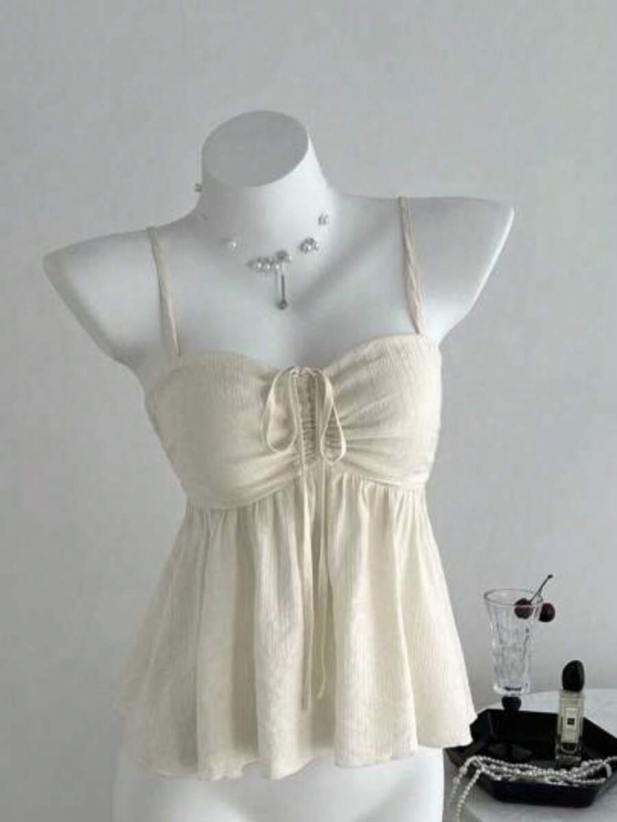 Camiseta de tirantes con volantes de unicolor lindo para damas, ropa de verano para la universidad - Albaricoque - Ver 1