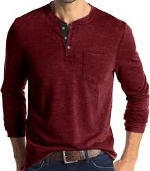 YOUTHGO Camiseta Henley Casual para Hombre Playera de Solapa Frontal de Manga Corta con Botones - vino tinto (manga largo) - Ver 7