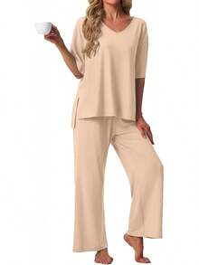 PrinStory - Conjunto de pijama de manga corta para mujer, conjunto de pijama de 2 piezas para mujer, cómodo ropa de descanso con bolsillos - Estrella rosa Fp - Ver 8