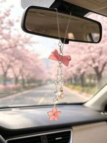 Bowknot Cherry Blossom Car Rearview Mirror Pendant, Crystal Pearl Beaded Car Hanging Decoration, Girly Car Interior Decor, Pink Bow Pearl Pendant Car Rearview Mirror Hanging Ornament, Crystal Bead Chain Style, Universal Car Interior Decoration Accessory - Cherry Blossoms - View 5
