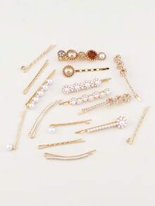 16pcs Vintage Pearl Rhinestone Hair Clips Set Elegant Gold Barrettes Women Daily Wedding Hair Accessories - Multicolor - View 3