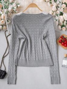 Women's Grey Cable Knit Cardigan, V-Neck Single-Breasted Short Slim Fit Long Sleeve Top, Fluffy Sweater, Korean Style, Ins Style Fall - Grey - View 8